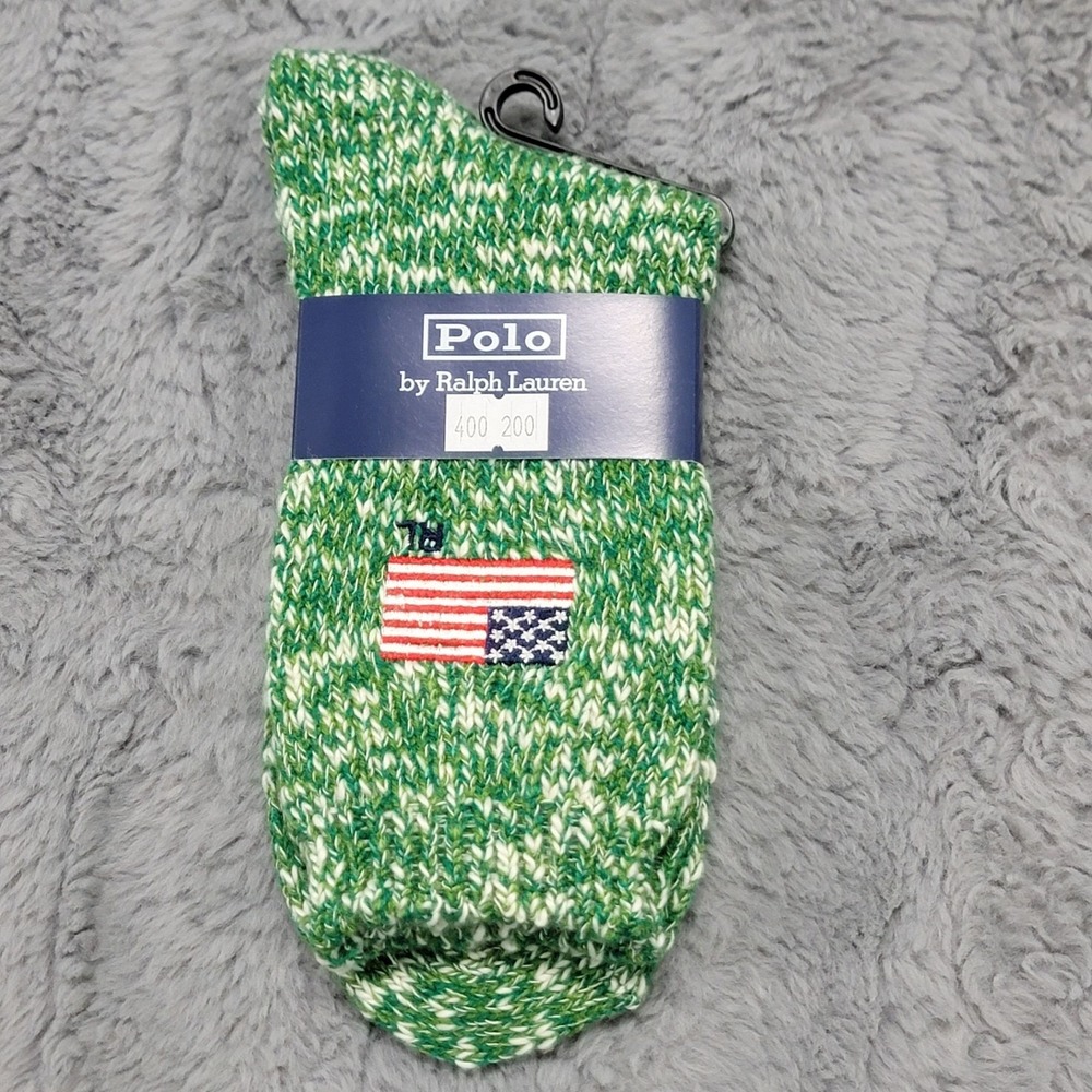 Polo Ralph Lauren Socks Womens 9-11 Green American Flag Knit Crew Mid Calf